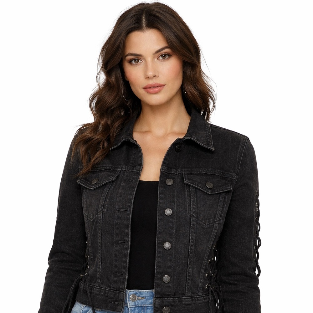 Black Denim Jacket Lace-Up Sleeve & Side Cropped Women’s Small 100% Cotton - Picture 2 of 10